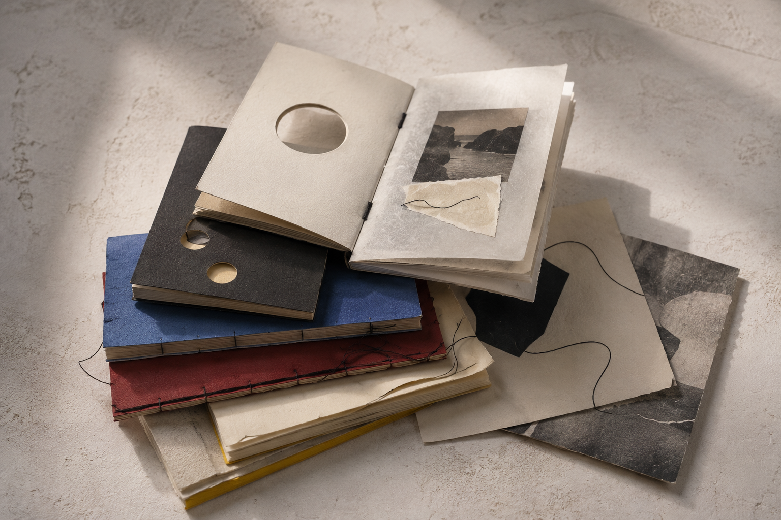 A collection of handmade editorial books, layered papers and research fragments